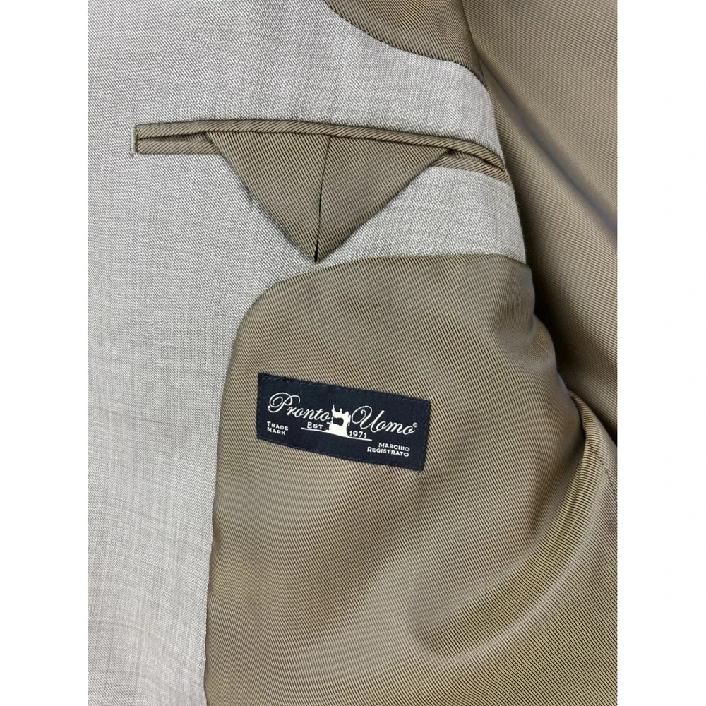 Pronto Uomo Suit Mens 48R 43W Tan 100% Wool 2-Piece Blazer Pants Fair Condition